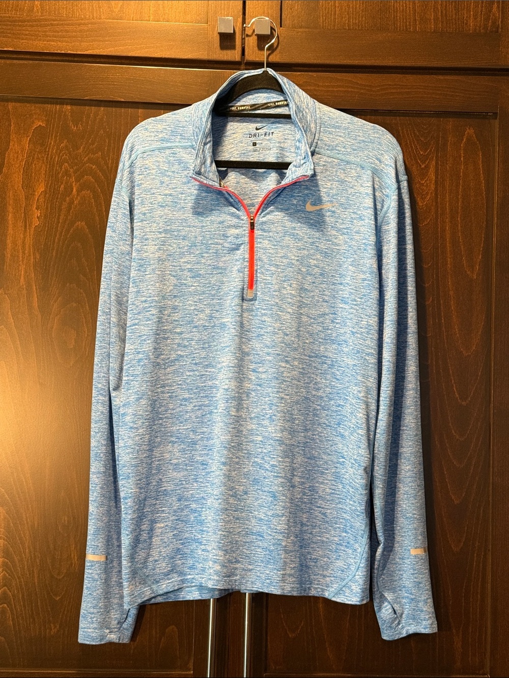 Nike Running Dri-Fit Blue Heathered Quarter-Zip with Red Zipper & Thumbholes LG